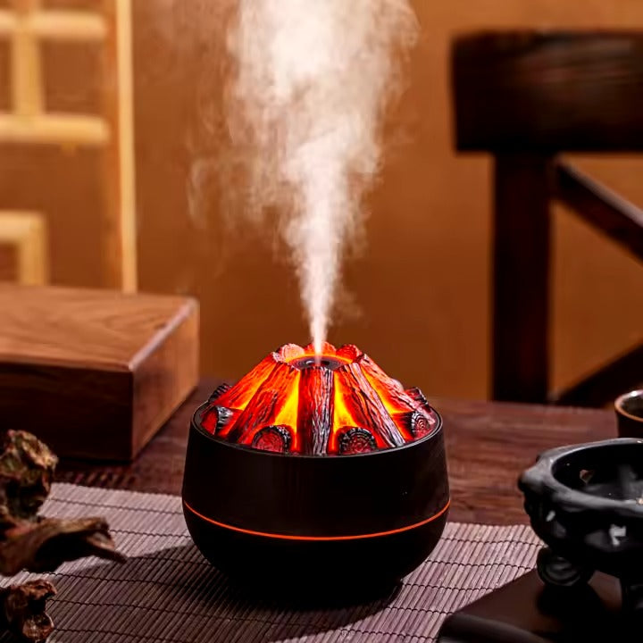 Wood Grain USB Mini Humidifier with Charcoal Flame Light Effect